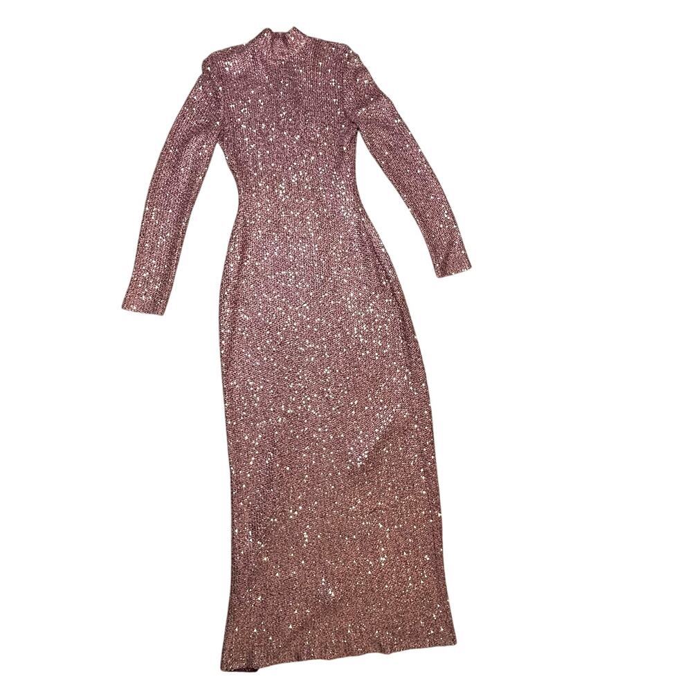 St. John pink sequins long sleeve mock neck stretch bodycon knit gown sz 14 - Picture 6 of 16